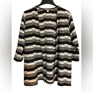 Dressbarn black white open cardigan 3/4 sleeve striped poly rayon blend large